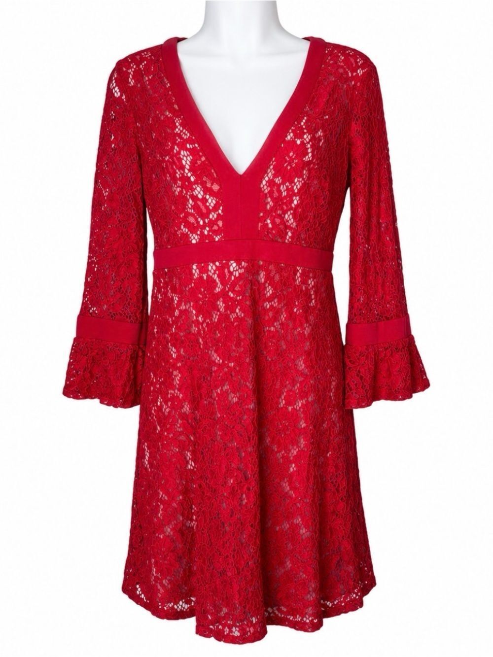 Charles Henry Bold Red Lace V Neck Bell Sleeve Romantic Boho Chic Mini Dress S